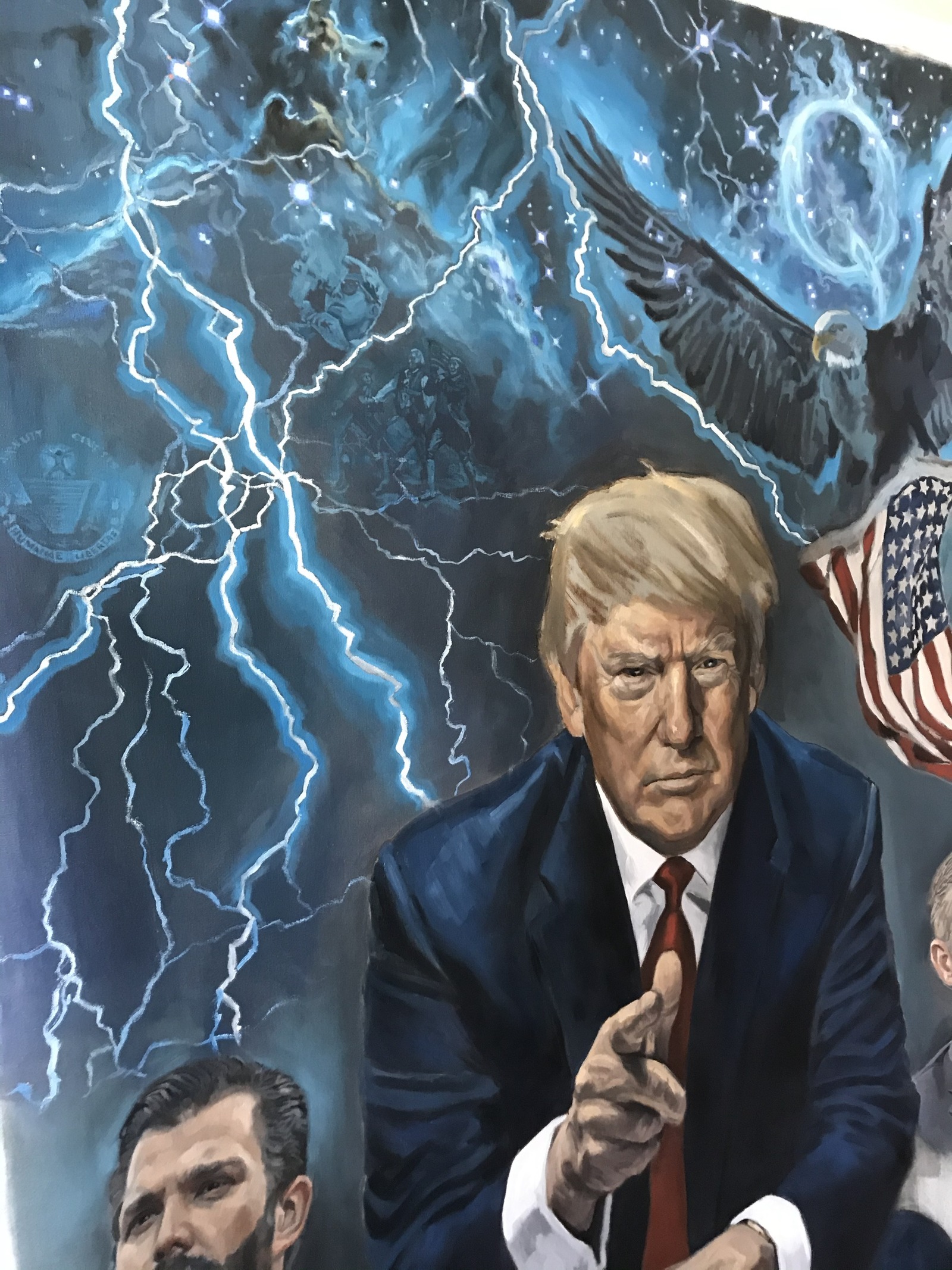 Trump Card, oil on canvas: Donald Trump pointing, with lightning, stars and an eagle above