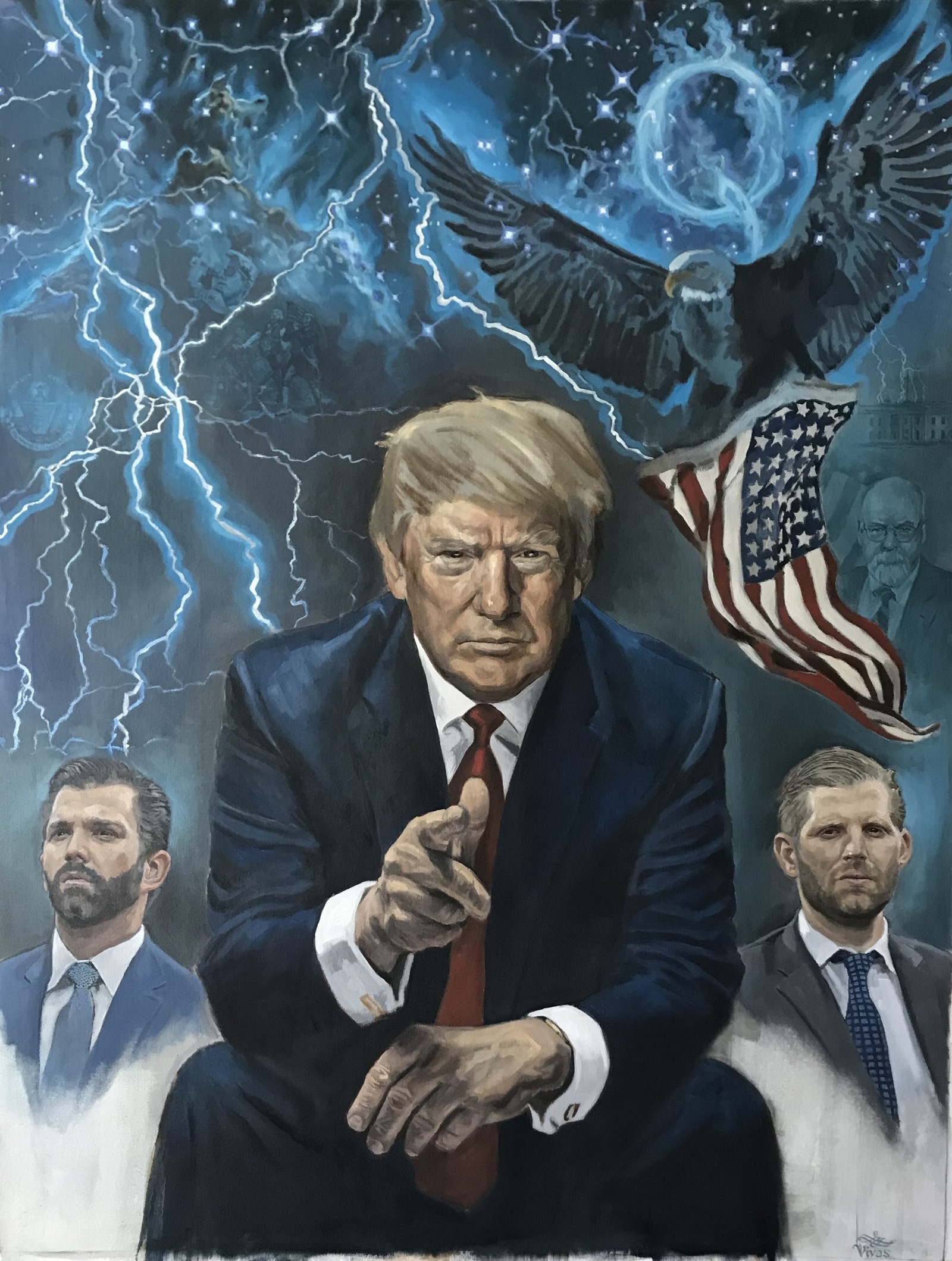 Trump Card, oil on canvas: Donald Trump pointing, flanked by Donald Trump Jr. and Eric Trump, with lightning, stars and an eagle above